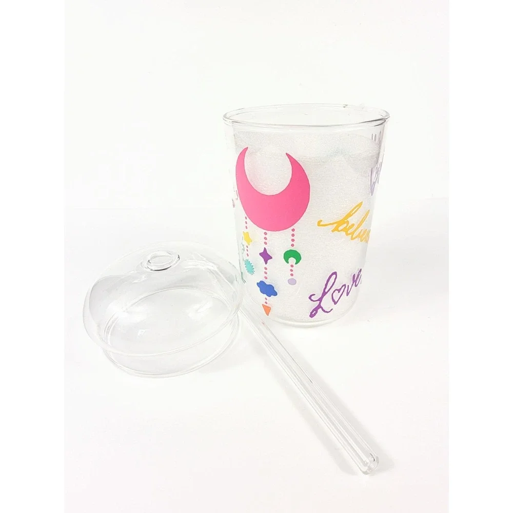 16 oz Dome Glass Tumbler w/ Straw Rainbow Love Believe Pink Moon Vinyl Decorated